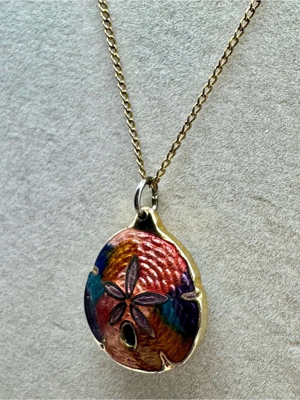 Vintage Cloisanne’ Multicolor Enamel Sand Dollar Pendant Necklace - Gold Tone